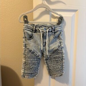 Blue Distressed Moto Shorts with Ribbed Panels